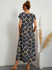 Style Short Sleeve Print O-neck Fold with Pockets Midi Dress Mssaz Desses