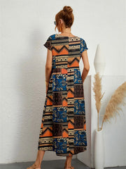 Style Short Sleeve Print O-neck Fold with Pockets Midi Dress Mssaz Desses