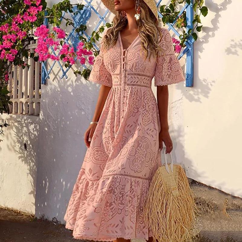 Sweet V Neck Hollow Out Single-Breasted Lace Long Dress Mssaz Desses