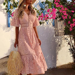 Sweet V Neck Hollow Out Single-Breasted Lace Long Dress Mssaz Desses
