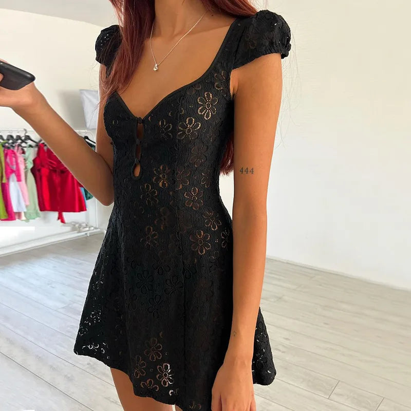 Lace Trim Mini Dress Spaghetti Strap Backless Short Bodycon Lace Dress Mssaz Desses