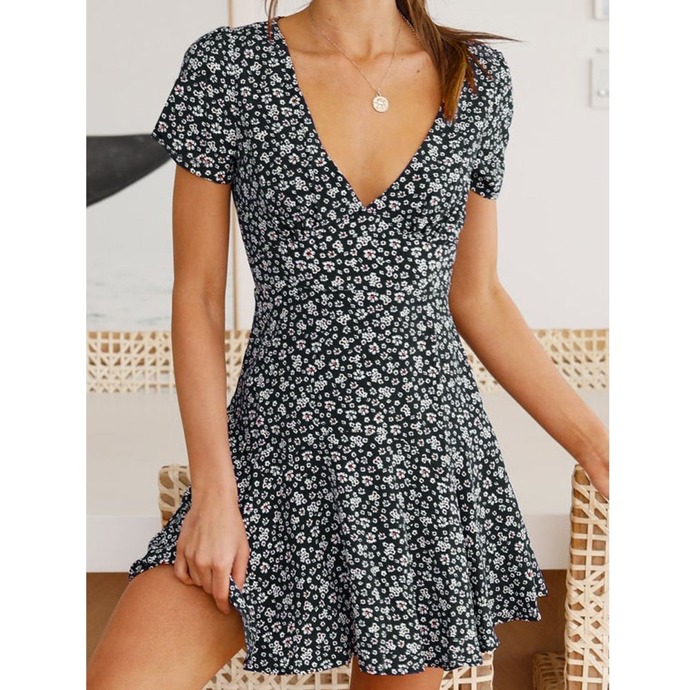 V-Neck High Waist Slim Fit Flared A-Line Mini Dress Mssaz Desses