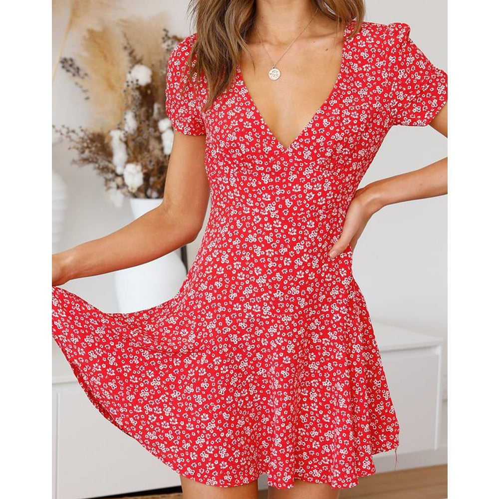 V-Neck High Waist Slim Fit Flared A-Line Mini Dress Mssaz Desses