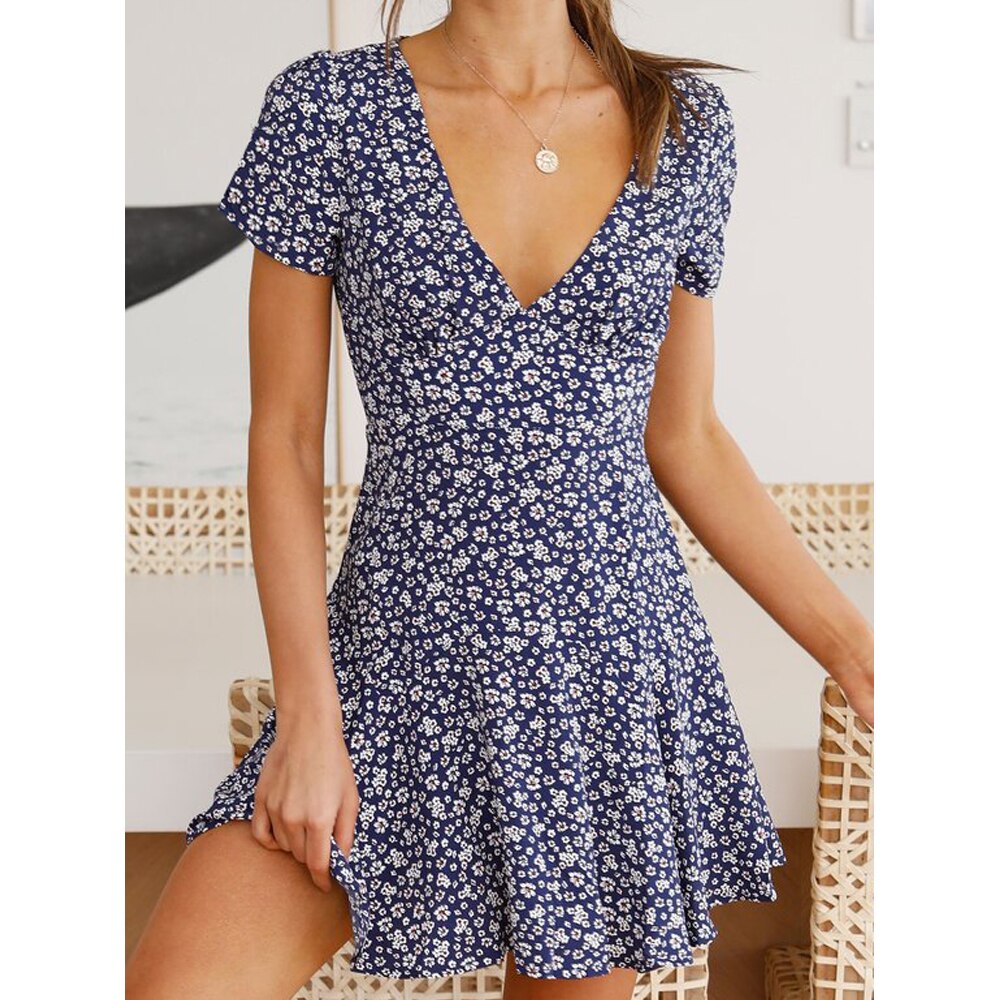 V-Neck High Waist Slim Fit Flared A-Line Mini Dress Mssaz Desses