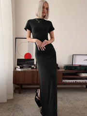 O Neck Short Sleeve Slim High Waist Shirring  Side Slit Evening Club Bodycon Lady Casual Dress Mssaz Desses