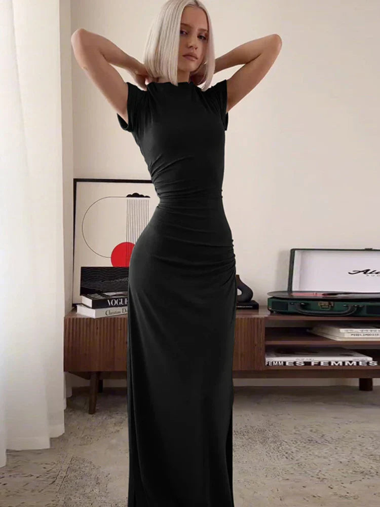 O Neck Short Sleeve Slim High Waist Shirring  Side Slit Evening Club Bodycon Lady Casual Dress Mssaz Desses
