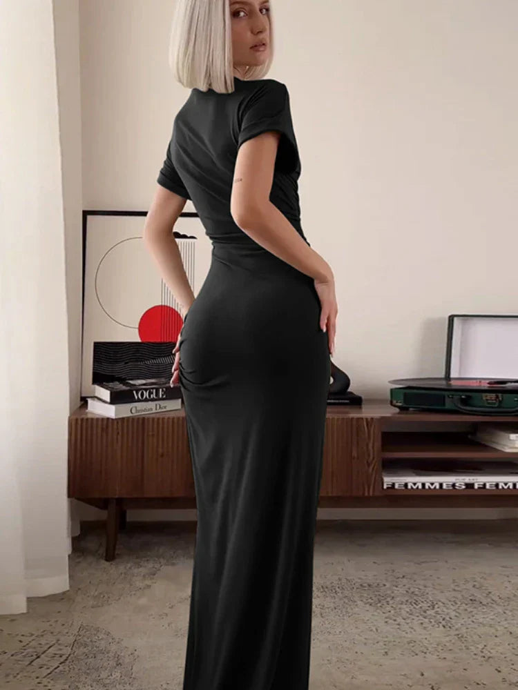 O Neck Short Sleeve Slim High Waist Shirring  Side Slit Evening Club Bodycon Lady Casual Dress Mssaz Desses