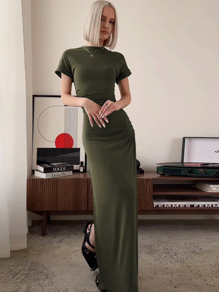 O Neck Short Sleeve Slim High Waist Shirring  Side Slit Evening Club Bodycon Lady Casual Dress Mssaz Desses