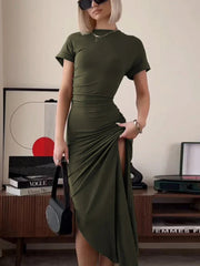 O Neck Short Sleeve Slim High Waist Shirring  Side Slit Evening Club Bodycon Lady Casual Dress Mssaz Desses