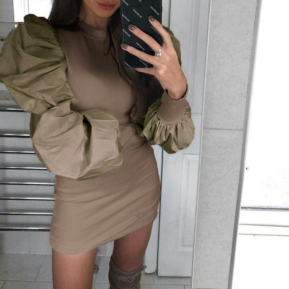 Knit Bodycon Sweater Dress Long Puff Sleeve Autumn Winter Ladies Casual Long Jumper Pencil Dresses Mssaz Desses