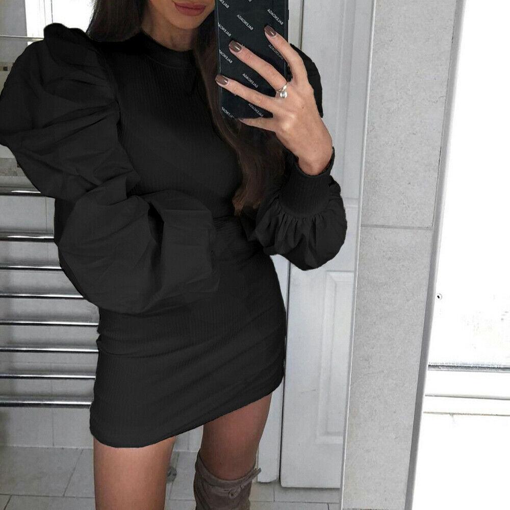 Knit Bodycon Sweater Dress Long Puff Sleeve Autumn Winter Ladies Casual Long Jumper Pencil Dresses Mssaz Desses