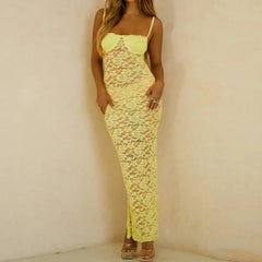 Lace Long Dress Tight Fitted Square Neck Backless See Through Flower Lace Dress Mssaz Desses