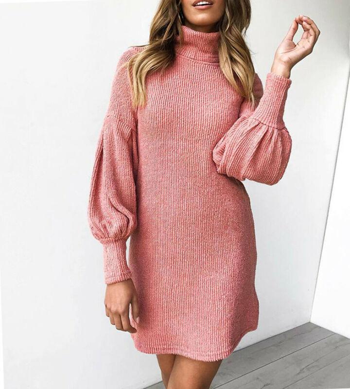 Loose Oversize Turtleneck Lantern Sleeve Knit Sweater Dress Winter Warm Mini Jumper Pullover Dresses Mssaz Desses