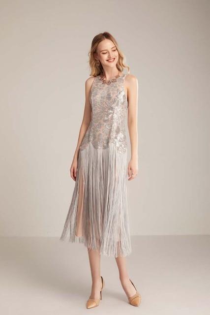 Runway Dresses O Neck Sleeveless Sequined Bodice Tassels Detailing Elegant Mid Calf Party Prom Mssaz Desses