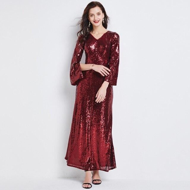 V Neck Long Sleeves Sequined Casual A Line Dress Mssaz Desses