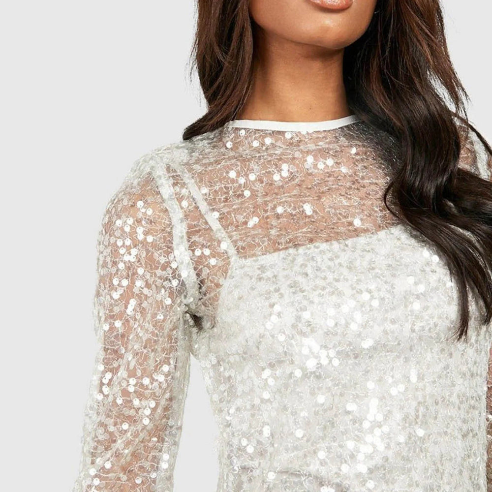 Sequined See Through Mesh Long Sleeve Mini Solid Color Elegant Short Female Party Club Dress Mssaz Desses