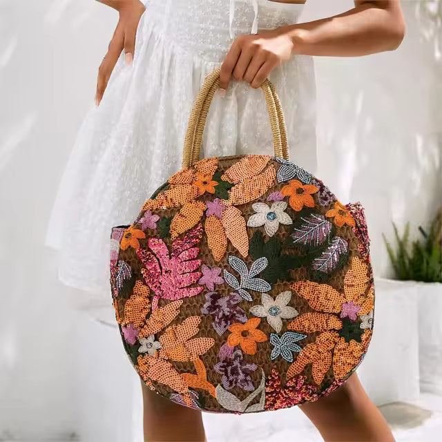 Floral Sequins and Straw Retro Ethnic Round Handbag Mssza
