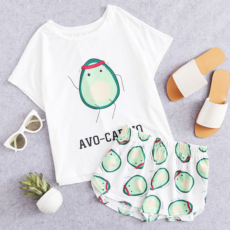 Womens Casual Cartoon Avocado Print Tee and Elastic Waist Shorts Set Mssza