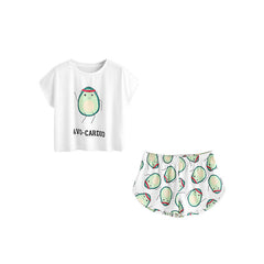 Womens Casual Cartoon Avocado Print Tee and Elastic Waist Shorts Set Mssza