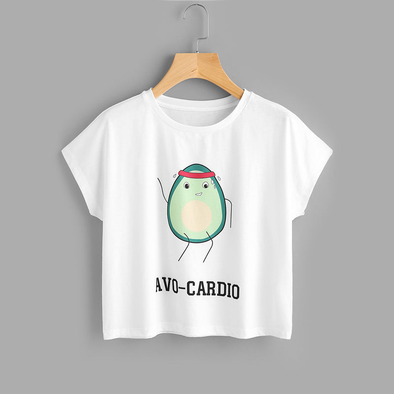 Womens Casual Cartoon Avocado Print Tee and Elastic Waist Shorts Set Mssza
