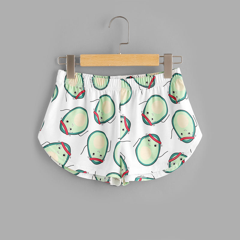 Womens Casual Cartoon Avocado Print Tee and Elastic Waist Shorts Set Mssza