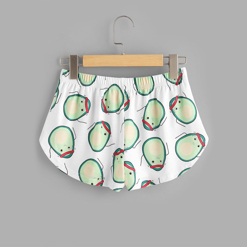 Womens Casual Cartoon Avocado Print Tee and Elastic Waist Shorts Set Mssza