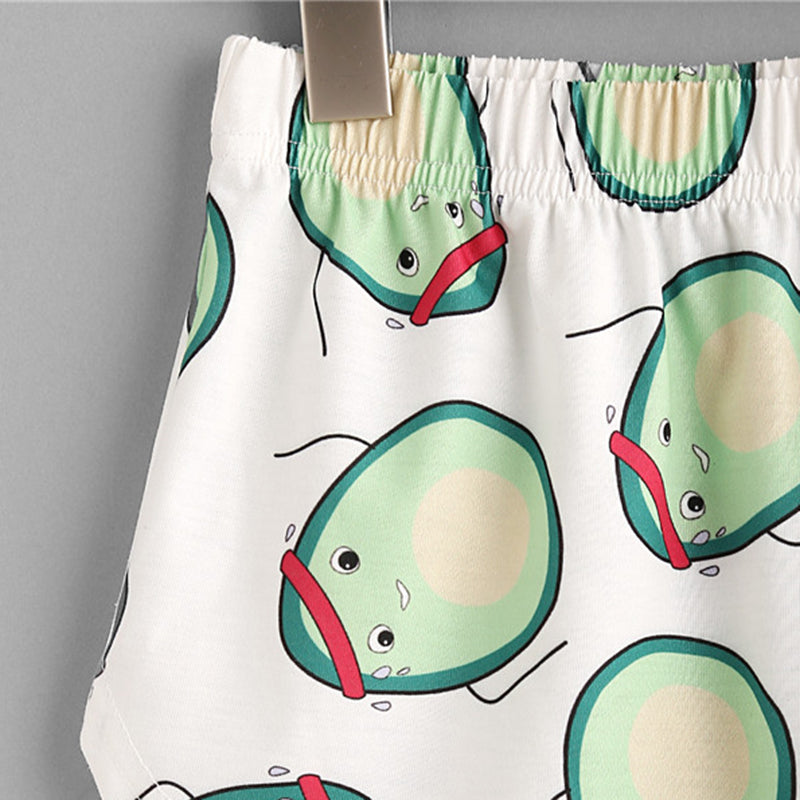 Womens Casual Cartoon Avocado Print Tee and Elastic Waist Shorts Set Mssza
