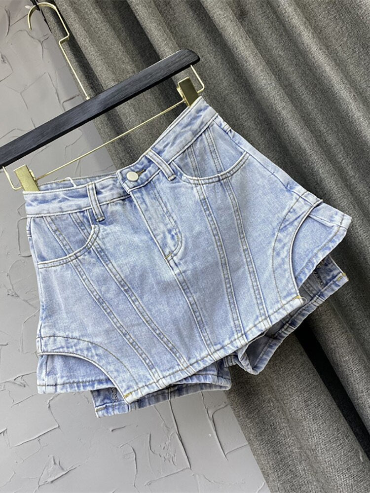Shorts High Waist Spliced Solid Color Irregular A-line Wide Leg Denim Shorts Skirts Mssza