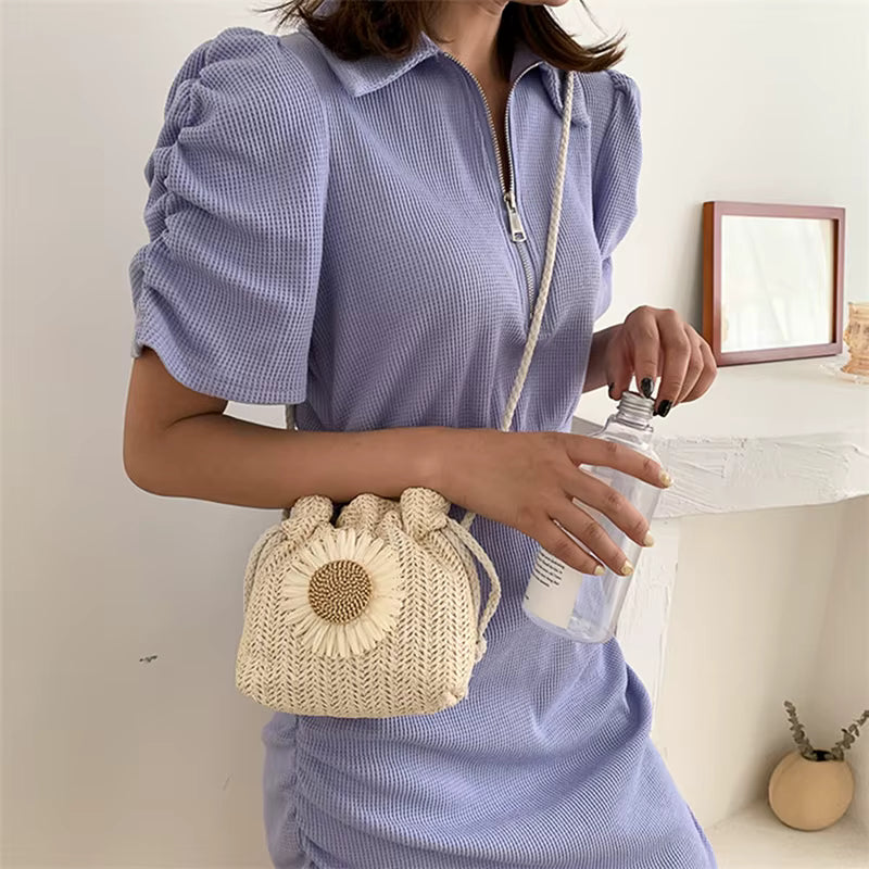 Woven Straw Knit Flower Beach Shoulder Messenger Bucket Bag Handbag Mssza