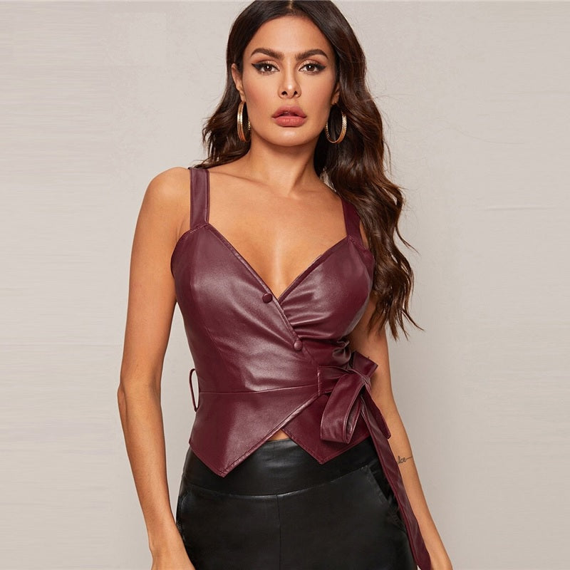 Wrap Knot Side PU Leather Tank Tops Mssza