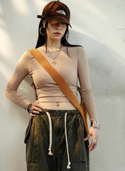 Casual Acrylic Ribbed Long Slight Stretch T-shirt Mssza