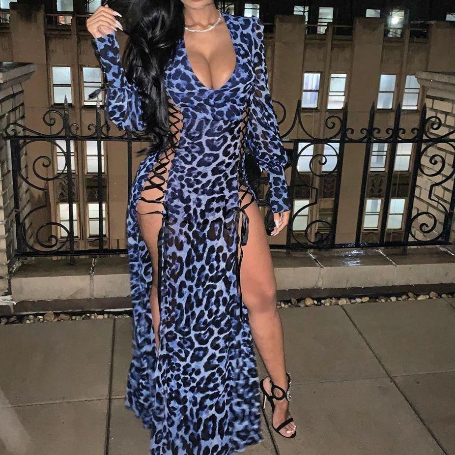 XXL Leopard Print Bandage Hollow Out Dress Long Sleeve V-neck Split High Waits Maxi Dress Party Club Wear Robe Femme Mssaz Desses