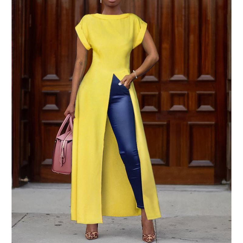 XXL Plus size high split long  dress Solid color short sleeve casual loose dress Elegant streetwear robe femme Mssaz Desses