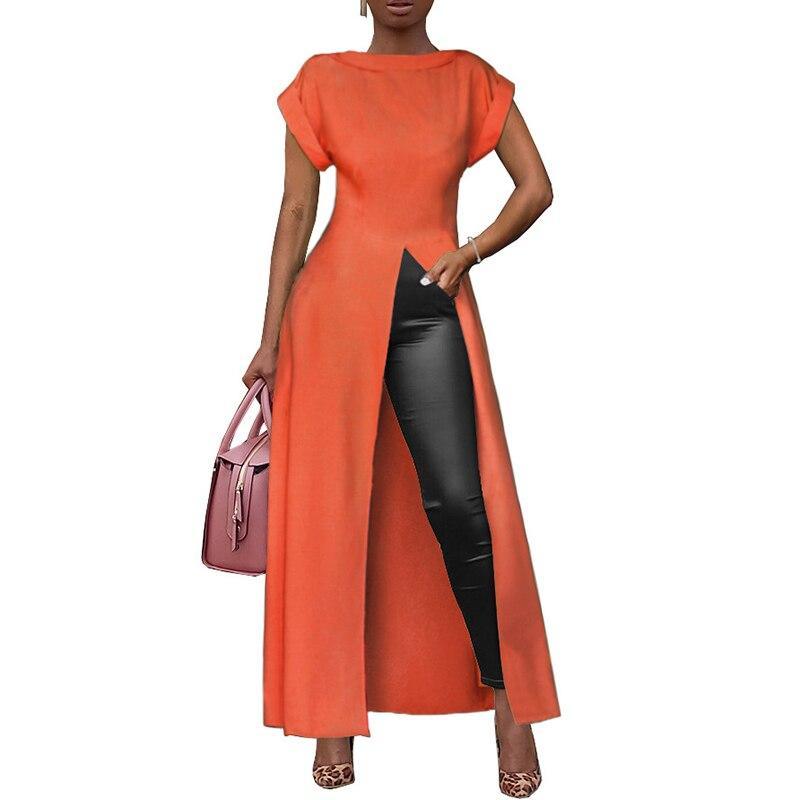 XXL Plus size high split long  dress Solid color short sleeve casual loose dress Elegant streetwear robe femme Mssaz Desses