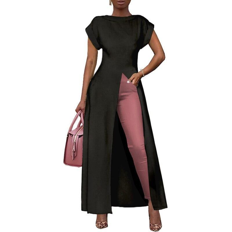 XXL Plus size high split long  dress Solid color short sleeve casual loose dress Elegant streetwear robe femme Mssaz Desses