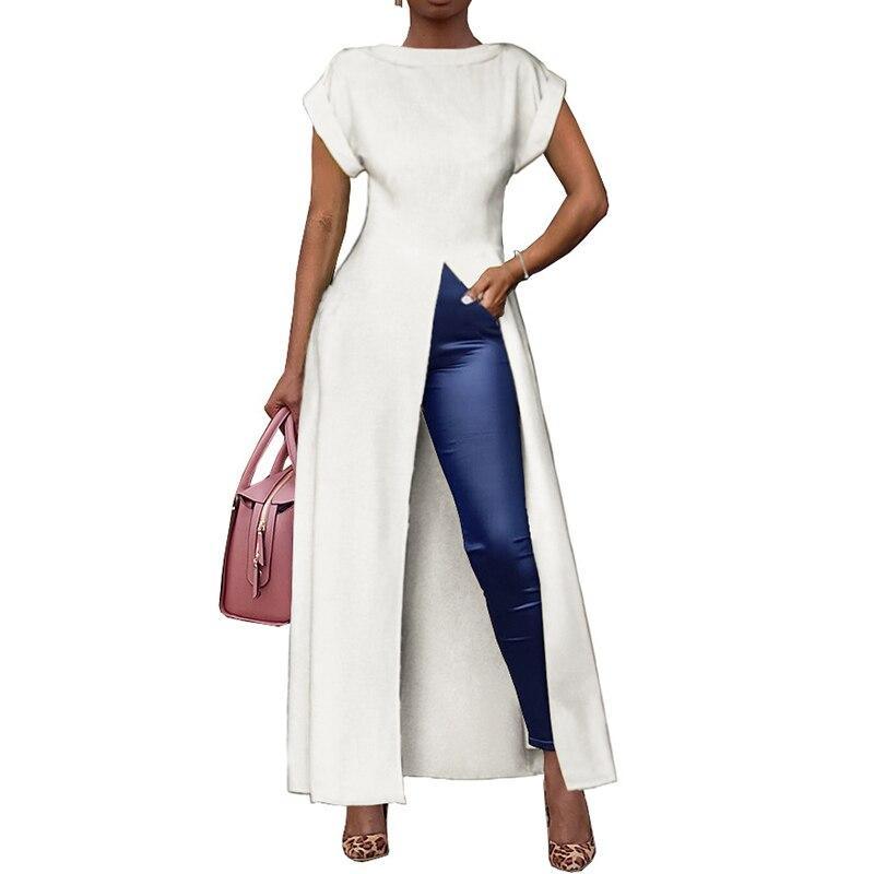 XXL Plus size high split long  dress Solid color short sleeve casual loose dress Elegant streetwear robe femme Mssaz Desses
