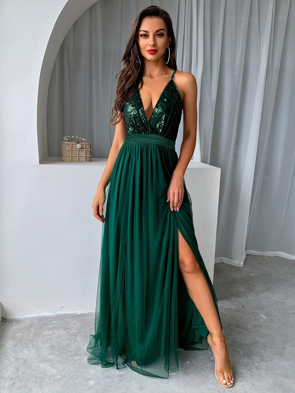 Elegant Sequins Mesh Stitching Long Party Dress Mssaz Desses