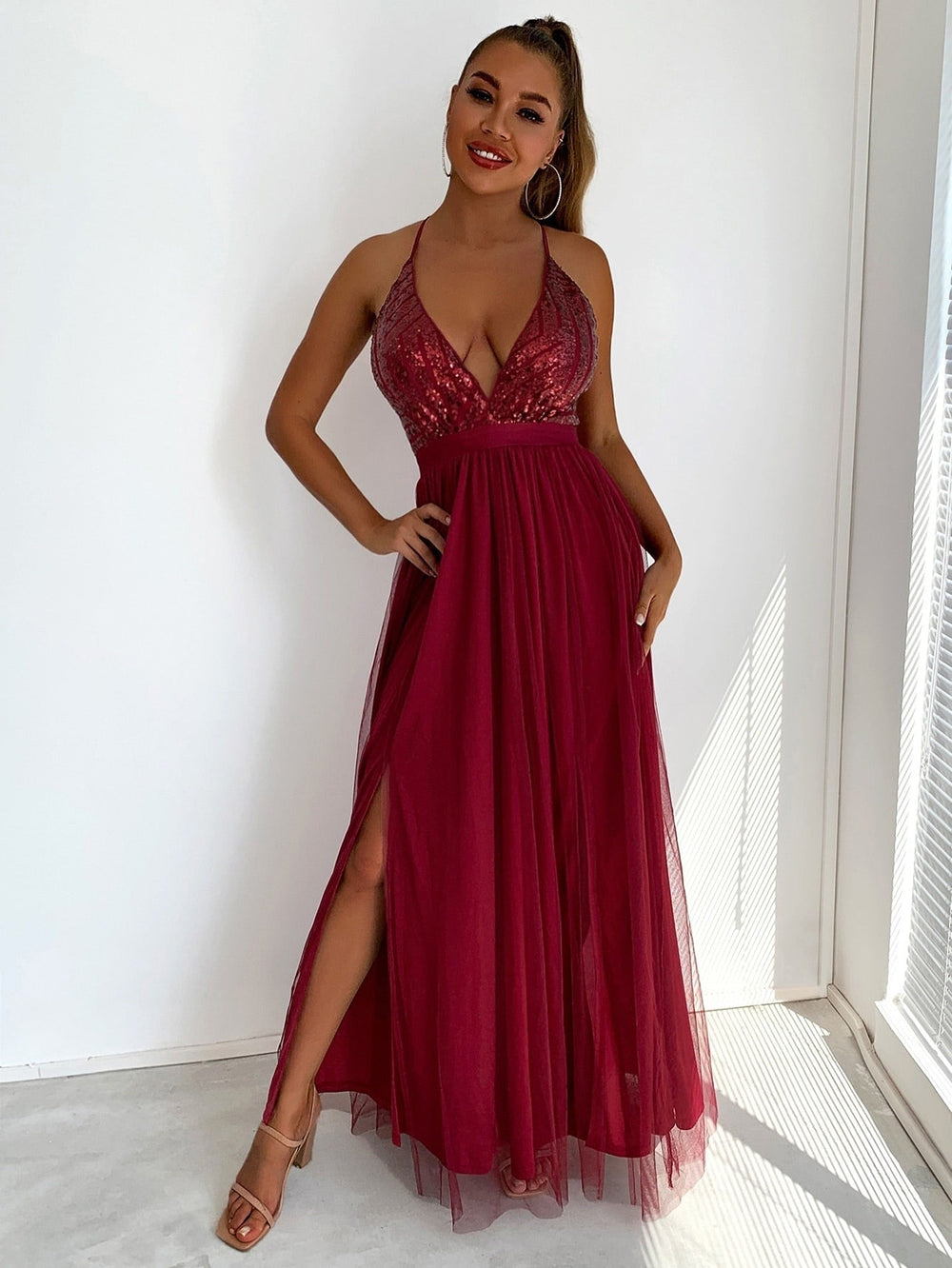 Elegant Sequins Mesh Stitching Long Party Dress Mssaz Desses