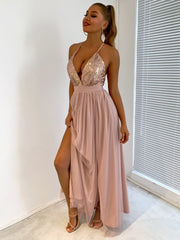 Elegant Sequins Mesh Stitching Long Party Dress Mssaz Desses
