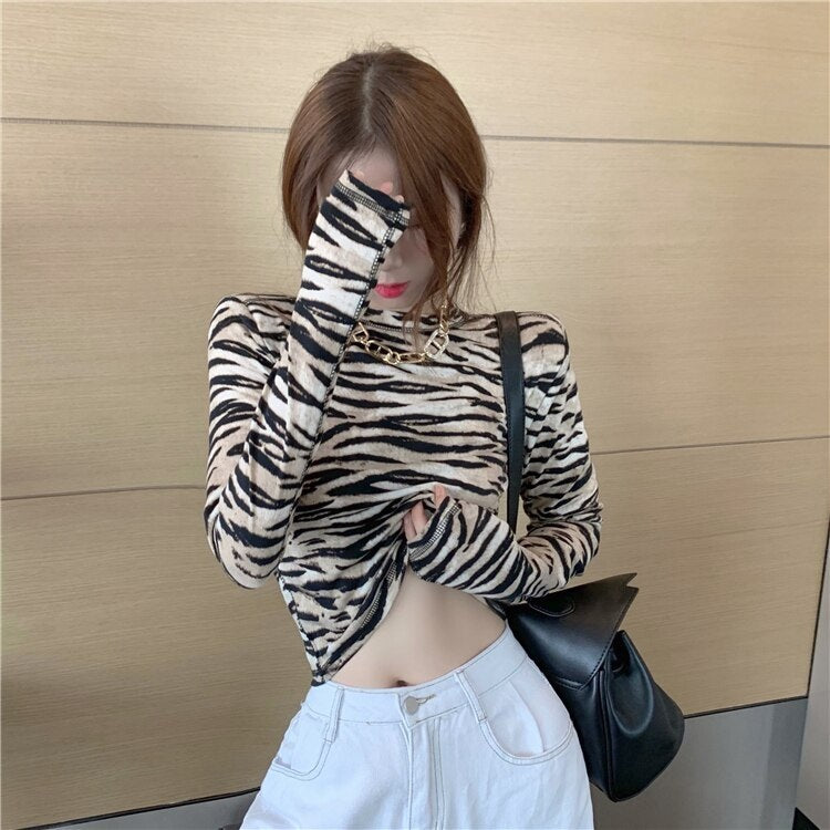 Zebra Print T-Shirt Tight-Fitting Slim Long-Sleeved Crop Top Mssza