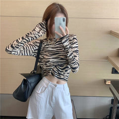 Zebra Print T-Shirt Tight-Fitting Slim Long-Sleeved Crop Top Mssza