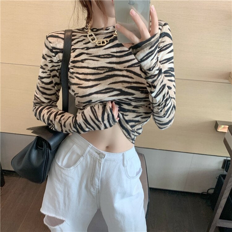 Zebra Print T-Shirt Tight-Fitting Slim Long-Sleeved Crop Top Mssza