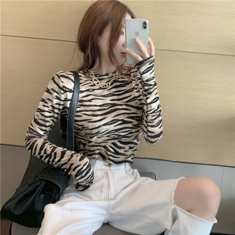 Zebra Print T-Shirt Tight-Fitting Slim Long-Sleeved Crop Top Mssza