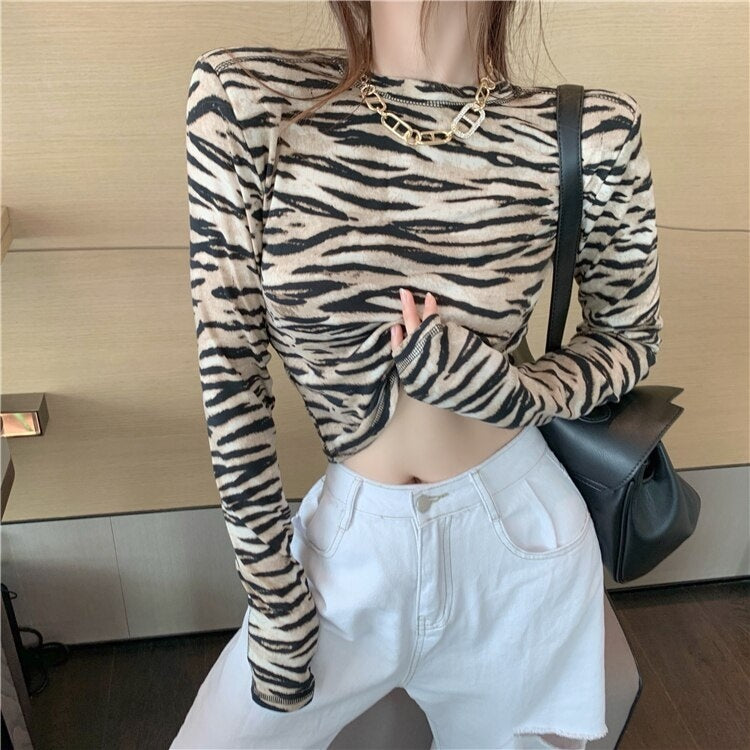 Zebra Print T-Shirt Tight-Fitting Slim Long-Sleeved Crop Top Mssza