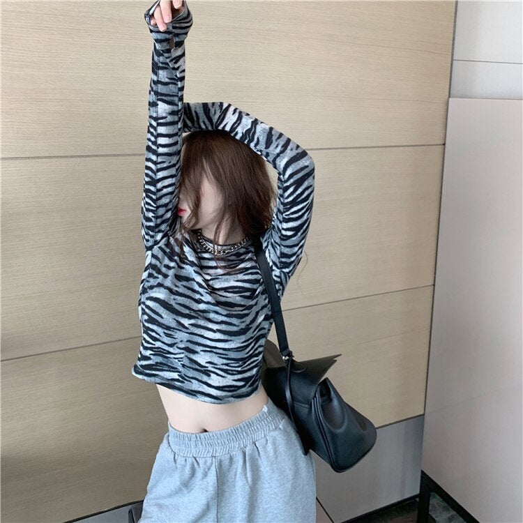 Zebra Print T-Shirt Tight-Fitting Slim Long-Sleeved Crop Top Mssza