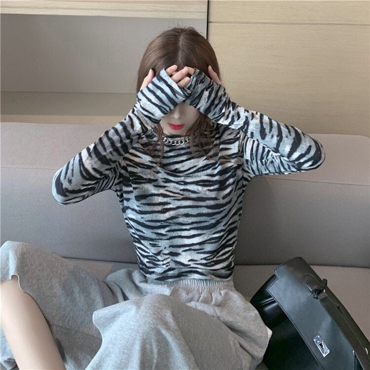 Zebra Print T-Shirt Tight-Fitting Slim Long-Sleeved Crop Top Mssza