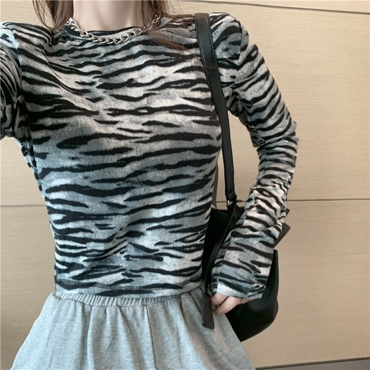 Zebra Print T-Shirt Tight-Fitting Slim Long-Sleeved Crop Top Mssza