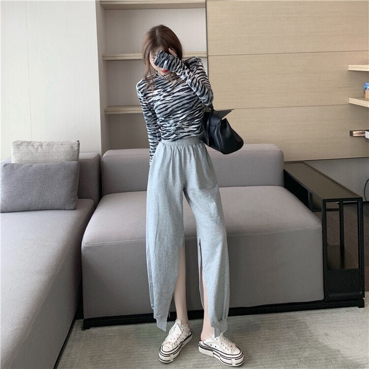 Zebra Print T-Shirt Tight-Fitting Slim Long-Sleeved Crop Top Mssza