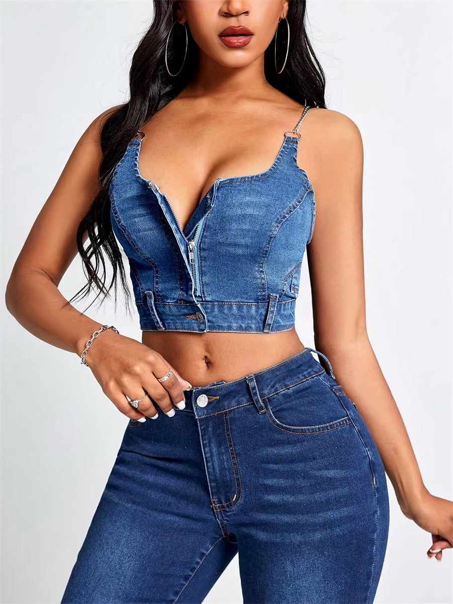 Zipper Front Chain Backless Streetwear Club Party Slim Fit Stretch Jean Cami Top Mssza