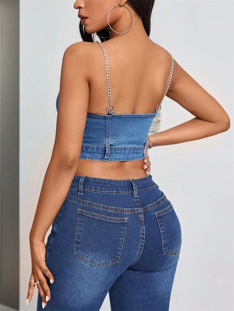 Zipper Front Chain Backless Streetwear Club Party Slim Fit Stretch Jean Cami Top Mssza